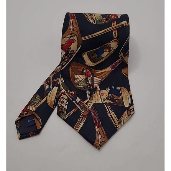 JT Beckett Mens Tie Golf Club 100% Silk Blue Tan AOP Tie 4 Inch width - Picture 1 of 7